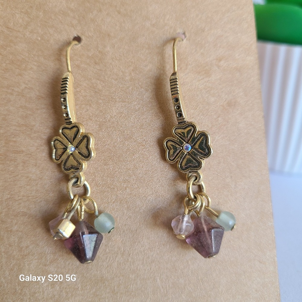 Dangle‎ Earrings Gold Tone Clover Purple Bead Charm Drop Earrings Cute
